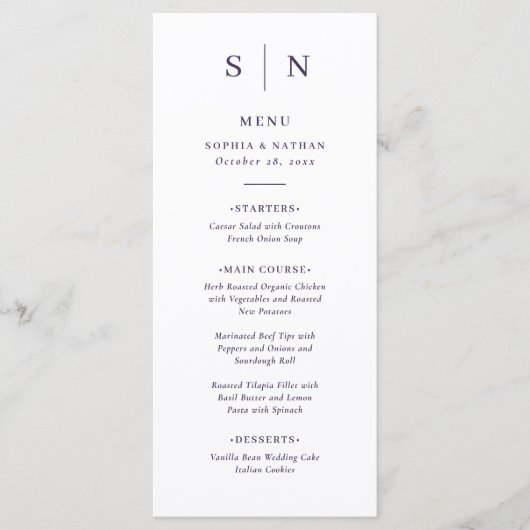 Minimaal en chique | Paarse en witte bruiloft Menu (Voorkant)