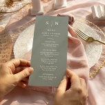 Minimaal en chique | Sage Groene Bruiloft Menu<br><div class="desc">Deze elegante,  moderne bruidsmenu kaarten of repetitie diner menu kaarten zijn voorzien van een eenvoudige wijze groen en witte tekst ontwerp dat een minimalistische stijl uitstraalt. Voeg uw initialen of monogram toe om ze volledig uw eigen te maken.</div>