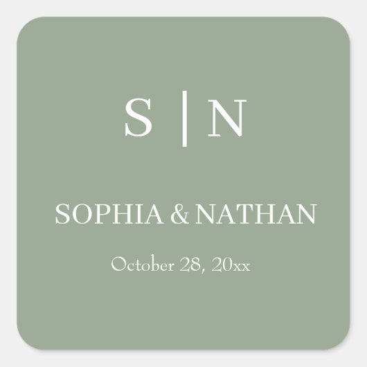 Minimaal en chique | Sage Groene en Witte Bruiloft Vierkante Sticker (Voorkant)
