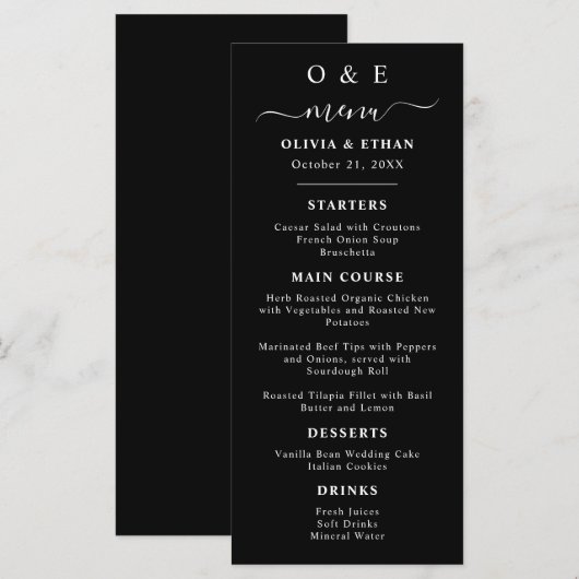 Minimaal en chique | Zwart-wit bruiloft Menu (Voorkant / Achterkant)