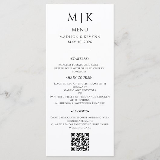 Minimaal en chique | Zwart-wit Huwelijk QR Code Menu (Voorkant)