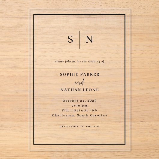 Minimaal en chique | Zwarte grens bruiloft Acryl Uitnodigingen (Voorkant)