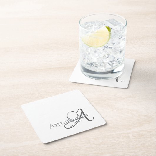 Minimaal en eenvoudig wit monogram en naam kartonnen onderzetters (Insitu)