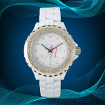 Minimaal enkelvoudig Initiaal Monogram Numeralen R Horloge<br><div class="desc">Voeg een vleugje elegantie en glans toe aan uw ensemble met dit prachtige dameshorloge. De witte emaille wijzerplaat is voorzien van minimalistische cijfers en een verfijnd initialen monogram in roze, waardoor een verfijnde en strakke esthetiek ontstaat. Rondom het wijzerplaat zorgen delicate strass-stenen voor een glamoureus accent dat het algehele ontwerp...</div>