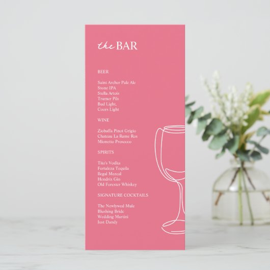 Minimaal felroze Wedding Bar menu (Staand voorkant)