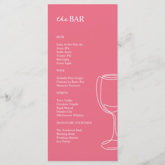 Minimaal felroze Wedding Bar menu (Voorkant)