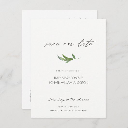 MINIMAAL FOLIAGE GREENERY WATERVERF BEWAREN DE DAT AANKONDIGINGSKAART (Voorkant / Achterkant)