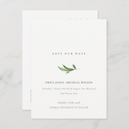 MINIMAAL FOLIAGE GREENERY WATERVERF BEWAREN DE DAT AANKONDIGINGSKAART (Voorkant / Achterkant)