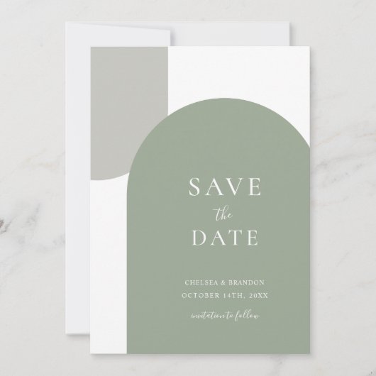 Minimaal formeel script Sage Groene Boog Boho Brui Save The Date (Voorkant)
