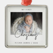 Minimaal 'Foto Baby's' Eerste Kerstgrijs script Metalen Ornament (Voorkant)