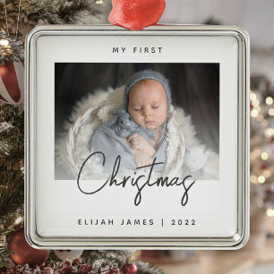 Minimaal 'Foto Baby's' Eerste Kerstgrijs script Metalen Ornament