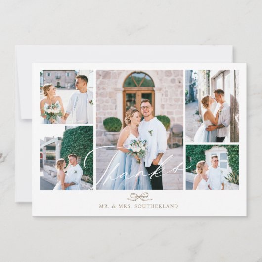 Minimaal Fotocollage Script Wedding Bow Monogram Bedankkaart (Voorkant)