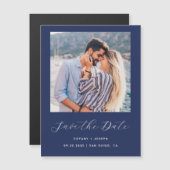 Minimaal fotoscript Navy Blue Magnetische Uitnodiging (Voorkant / Achterkant)