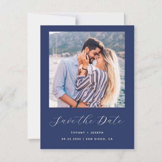 Minimaal fotoscript Navy Blue Magnetische Uitnodiging (Voorkant)