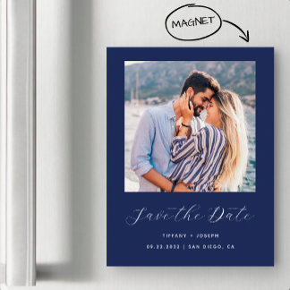 Minimaal fotoscript Navy Blue Magnetische Uitnodiging