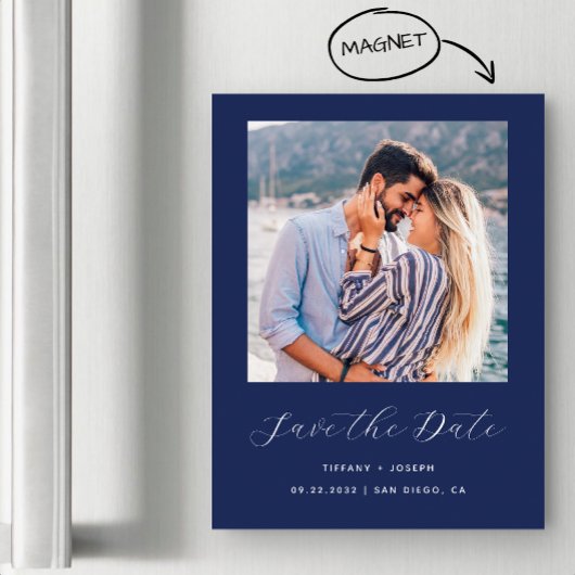 Minimaal fotoscript Navy Blue Magnetische Uitnodiging
