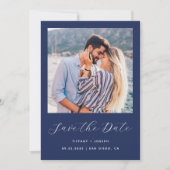 Minimaal fotoscript Navy Blue QR-code Save The Date (Voorkant)