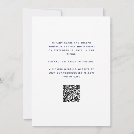 Minimaal fotoscript Navy Blue QR-code Save The Date (Achterkant)