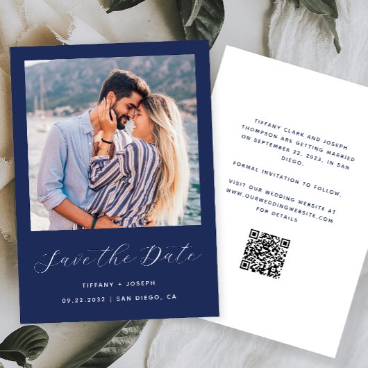 Minimaal fotoscript Navy Blue QR-code Save The Date