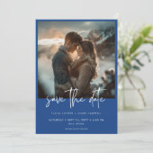 Minimaal Frans Blauw Modern Fotobruiloft Save The Date (Staand voorkant)