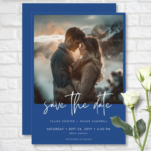 Minimaal Frans Blauw Modern Fotobruiloft Save The Date