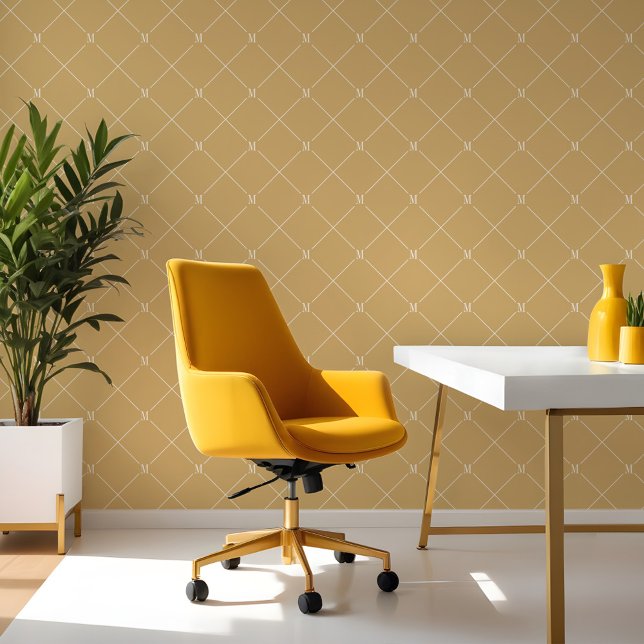 Minimaal geel diagonaal geruit monogrampatroon behang (Minimal Yellow Diagonal Checkered Monogram Pattern Wallpaper)