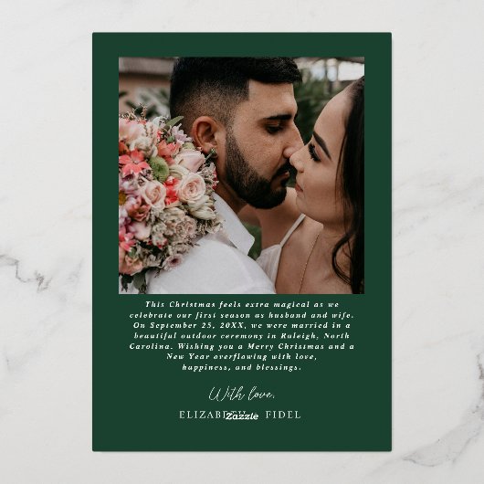 Minimaal getrouwde kerstfoto Passen getrouwd groen Folie Feestdagenkaart (Achterkant)