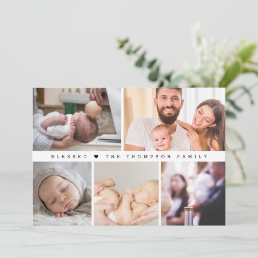 Minimaal Gezegend Hart Doop Fotocollage Bedankkaart (Staand voorkant)