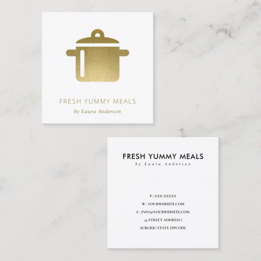 MINIMAAL GLAM GOLD FAUX POT MEAL CHEF CATERING VIERKANTE VISITEKAARTJE (Voorkant / Achterkant)