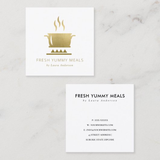 MINIMAAL GLAM GOLD FAUX POT MEAL CHEF CATERING VIERKANTE VISITEKAARTJE (Voorkant / Achterkant)