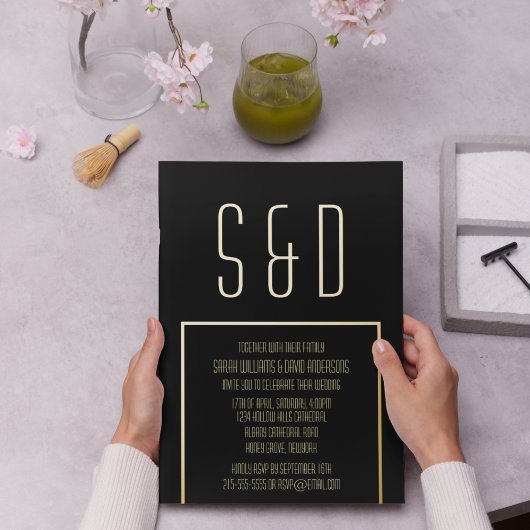 Minimaal Goud Lijst Elegant Zwart Bruiloft Folie Uitnodiging