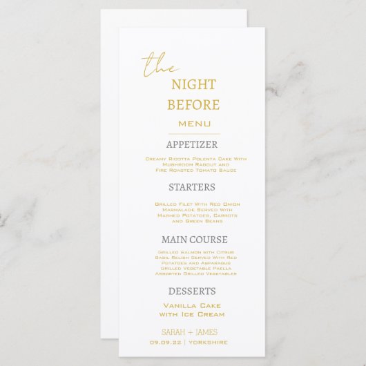 Minimaal goud & wit de nacht voor bruiloft menu (Voorkant / Achterkant)
