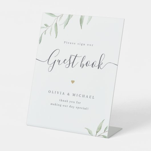 Minimaal greenery script roustic Wedding Guest Boo Reclamebord Met Voetstuk (Voorkant)
