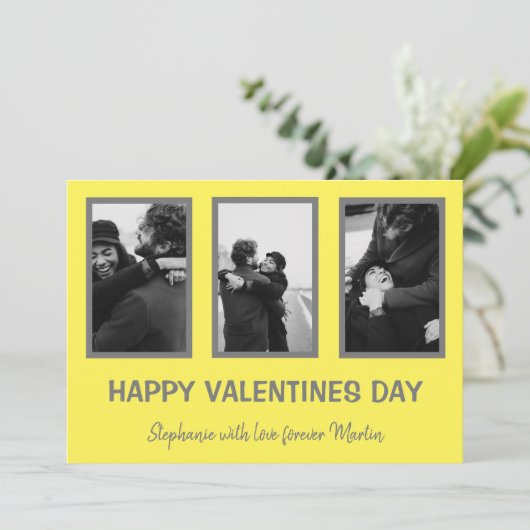 Minimaal grijs en geel 3 foto-Valentijnsdag Feestdagenkaart (Staand voorkant)