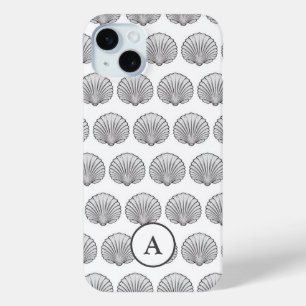 Minimaal grijs monogram zeeschelppatroon iPhone 15 mini hoesje