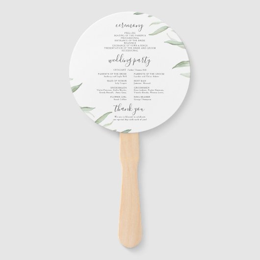Minimaal groen rustiek trouwprogramma handwaaier (Achterkant)
