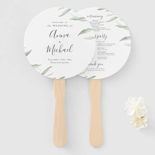Minimaal groen rustiek trouwprogramma handwaaier (Voorkant en achterkant)