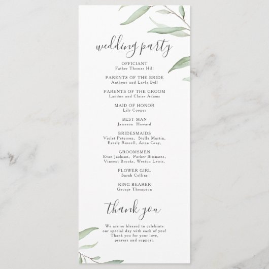 Minimaal groen rustiek trouwprogramma menu (Achterkant)
