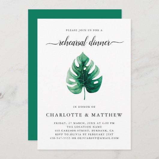 Minimaal Groen Tropisch Blad Repetitie Diner Kaart (Voorkant / Achterkant)