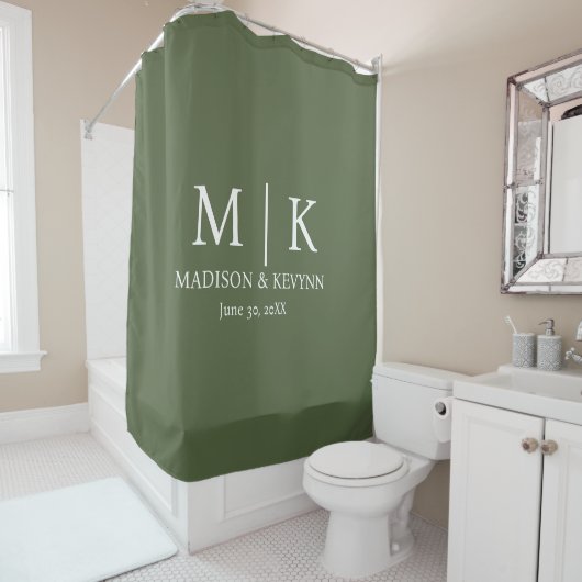 Minimaal & groen & Witte Monogram Bruiloft Douchegordijn (In situ)