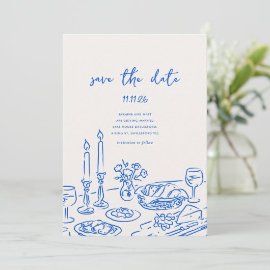 Minimaal handgetekende speelse Doodle Save the Dat Date (Staand voorkant)