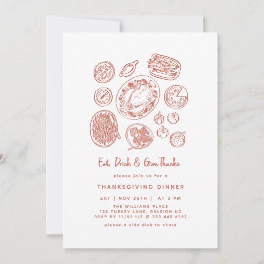Minimaal handgetekende Thanksgiving Dinner Herfst Kaart (Voorkant)