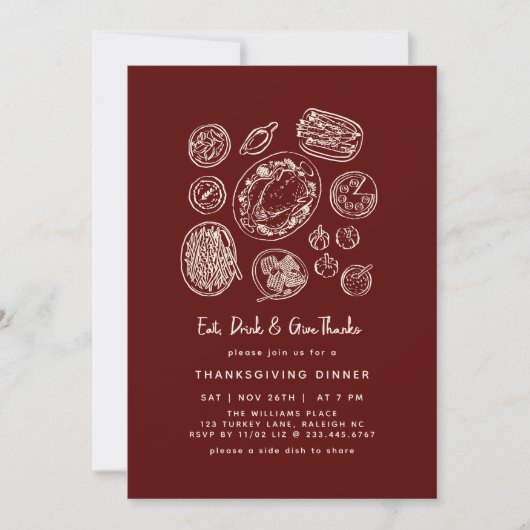 Minimaal handgetekende Thanksgiving Dinner Herfst Kaart (Voorkant)