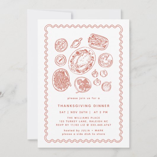 Minimaal handgetekende Thanksgiving Dinner Herfst Kaart (Voorkant)