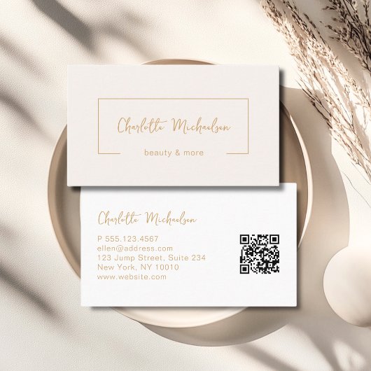 Minimaal handschrift Beige QR-code Visitekaartje
