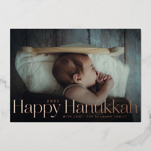 Minimaal Happy Hanukkah Holiday Foto Roos Gold Folie Feestdagenkaart (Voorkant)