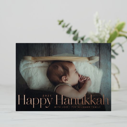 Minimaal Happy Hanukkah Holiday Foto Roos Gold Folie Feestdagenkaart (Staand Voorkant)