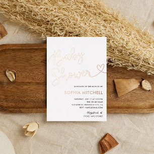 Minimaal Hart Script Wit Baby Shower Folie Uitnodiging