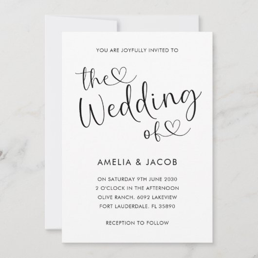 Minimaal Hart Zwart & Wit Kalligrafie Huwelijk Kaart (Voorkant)