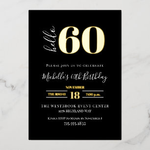 Minimaal Hello 60 Script 60ste verjaardag Zwart Go Folie Uitnodiging